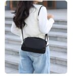 New Portable Nylon Cloth with Cowhide Shoulder Bag Black - Image 3