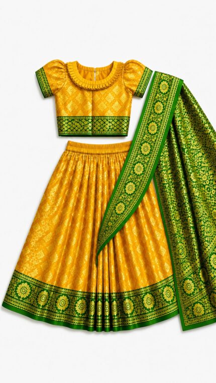 বাচ্চাদের হলুদ কাতান রেডি শাড়ি